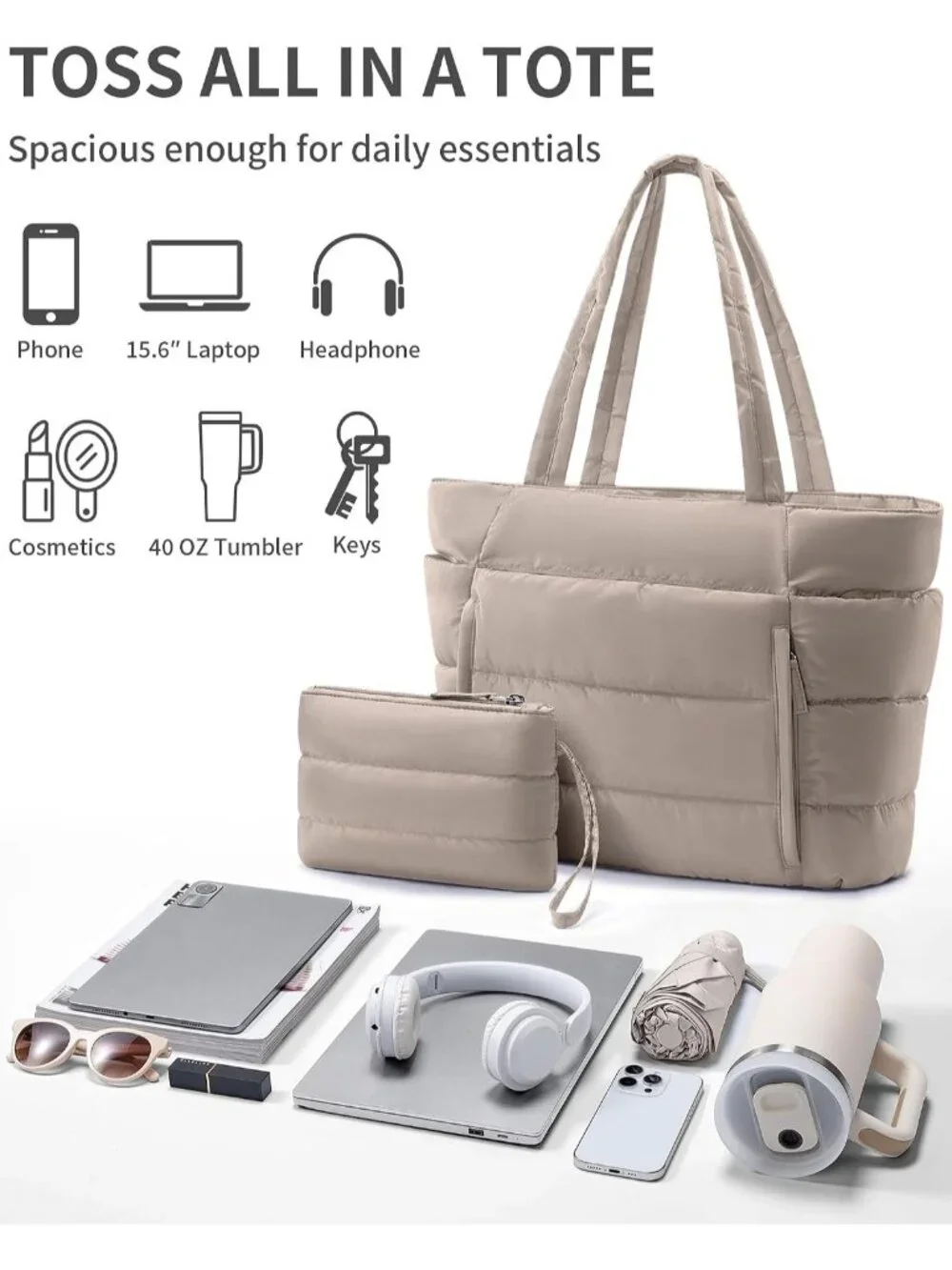 👜Women's Oatmeal Puffer Tote Bag 16 Pockets Work Gym Travel Laptop Handbag